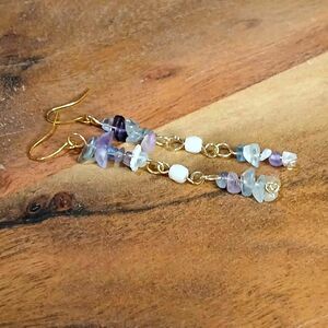 Rainbow Fluorite Crystal Beaded Dangle Earrings, Gemstone Long Boho